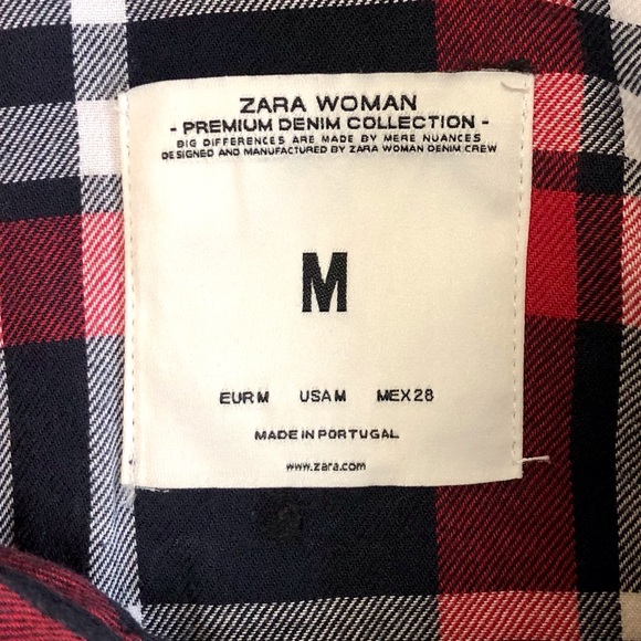 Zara Womens Plaid Shirt Medium Red Navy Long Sleeve Casual Collared Snap Button - Picture 5 of 9
